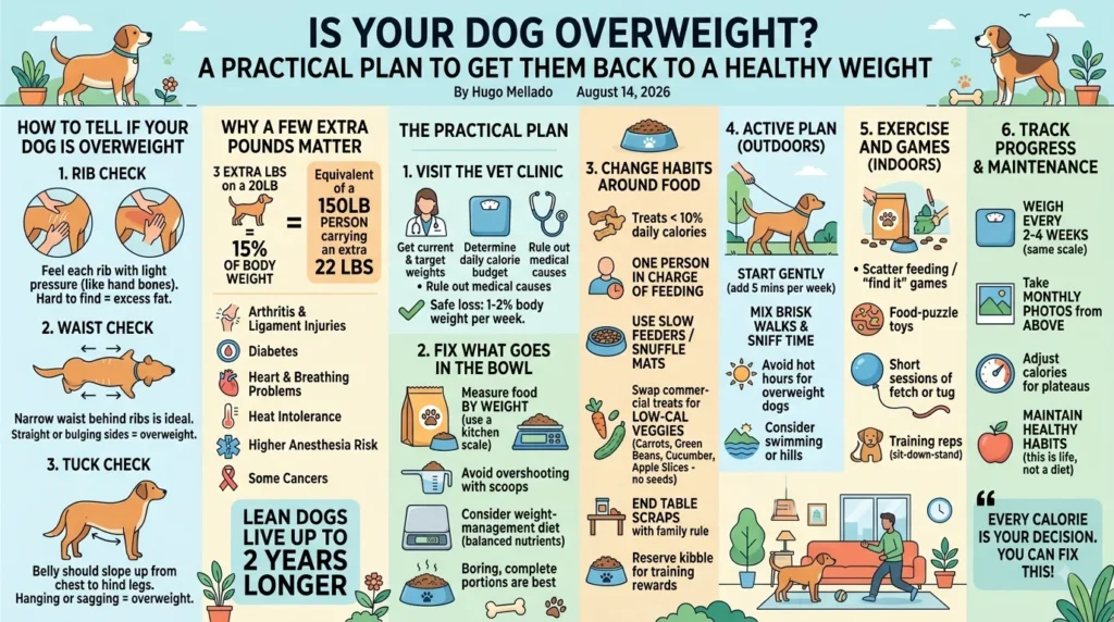 Infographic: how to tell if your dog is overweight, and a step-by-step plan with diet changes, feeding habits, walks and exercise to reach a healthy weight