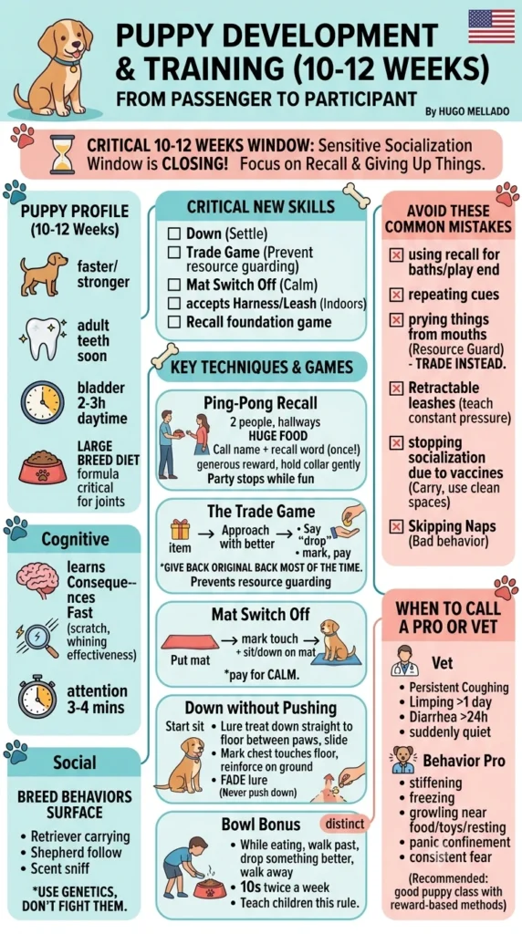 Puppy training 10 to 12 weeks: infographic summarising Part 3 of this home dog training course for large breeds