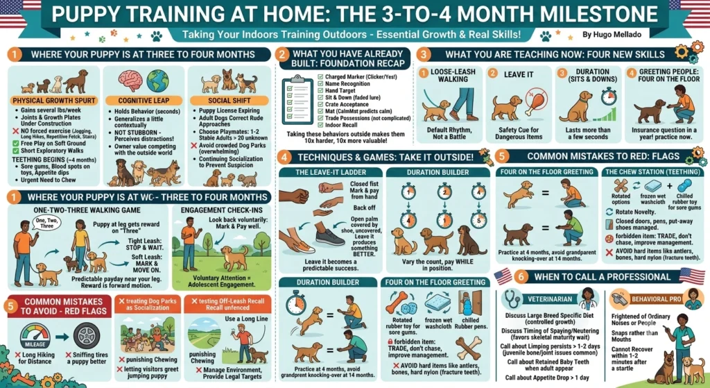 Puppy training 3 to 4 months: infographic summarising Part 4 of this home dog training course for large breeds
