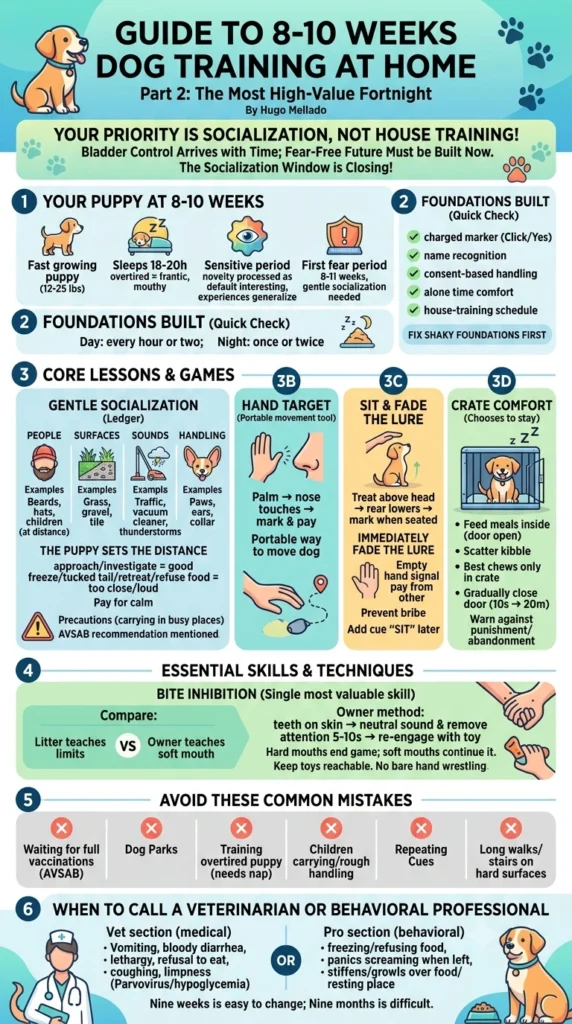 Puppy training 8 to 10 weeks: infographic summarising Part 2 of this home dog training course for large breeds